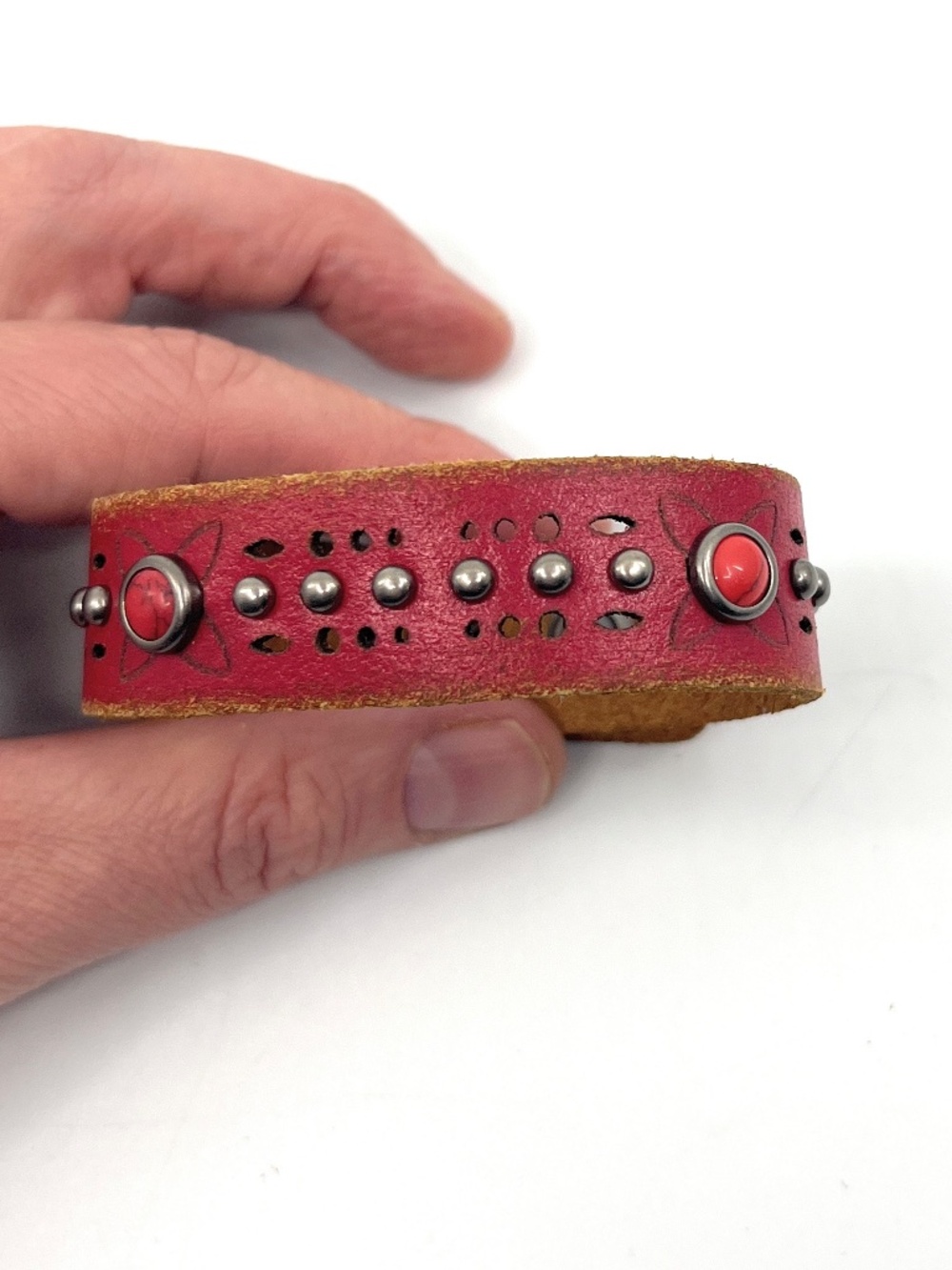 Red Leather Tooled Stud Western Bracelet NEW